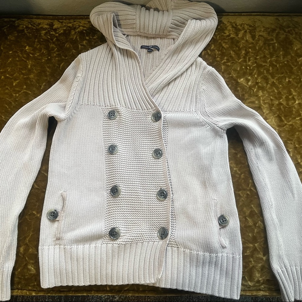 GAP  Women's Beige￼ Cotton Crochet Knit Hooded Button Up Sweater M